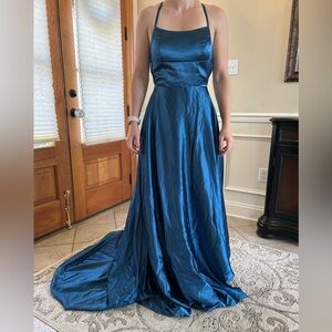 NWT Elegant Satin Evening Gown Sz XS 2 4 Backless Train Bridesmaid Dark Teal